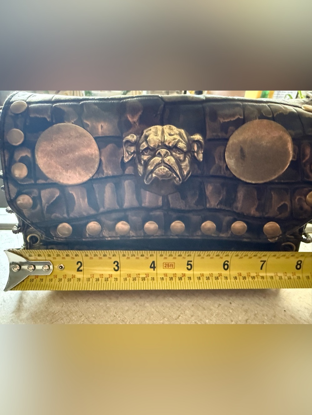 Betsy Johnson Black & Gold Studded Croc-Embossed Bulldog on the front - Picture 5 of 7